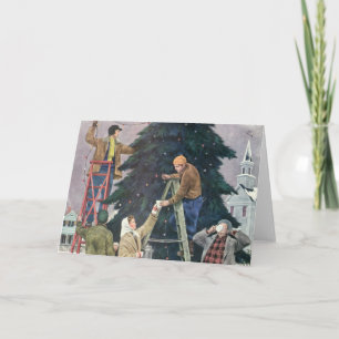 Cartão De Festividades Natais vintages, Luzes de Corda Familiar na Árvore