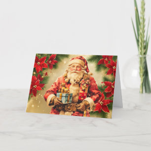 Cartão De Festividades Natais vintages Papai Noel com Poinsettia