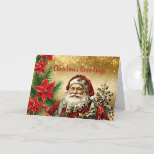 Cartão De Festividades Natais vintages Santa Claus, Red Poinsettia