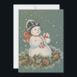 Cartão De Festividades Natais vintages Snowman<br><div class="desc">Bonito Retro Natal vintage Snowman Com Presentes No Cartão De Feriado De Neve.</div>