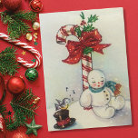 Cartão De Festividades Natais vintages Snowman Dormindo Por Candy Cane<br><div class="desc">Bonito Retro Natal vintage Snowman Dormindo Por Grande Cané De Doces Na Neve Enquanto Pássaro Canta O Cartão De Férias.</div>