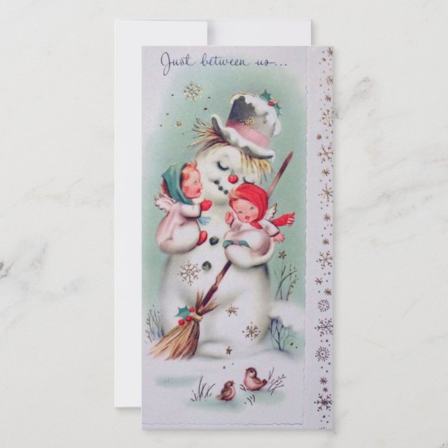 Cartão De Festividades Natais vintages Snowman segurando anjos (Frente)