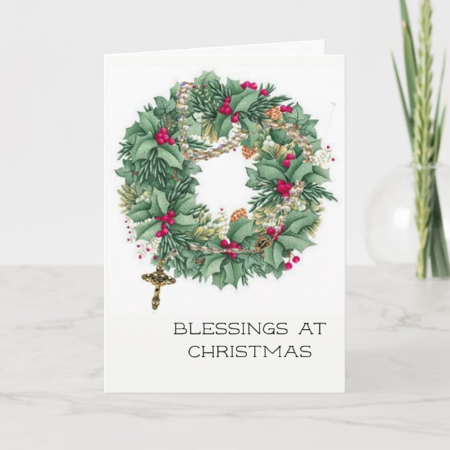 Cartão De Festividades Natais vintages Wreath com Rosary (Frente)