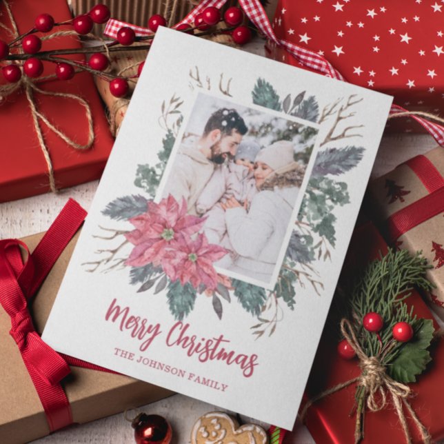 Cartão De Festividades Natal 1 foto com aquarela poinsettia botânica (Criador carregado)