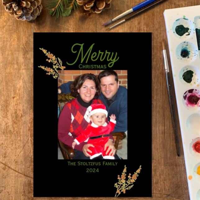 Cartão De Festividades Natal 1 Foto Watercolor Moderna Botânica (Modern elegant original watercolor dried flower holiday merry Christmas family photo greeting card.)