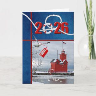 Cartão De Festividades Natal 2026 Grande Farol Vermelho Michigan