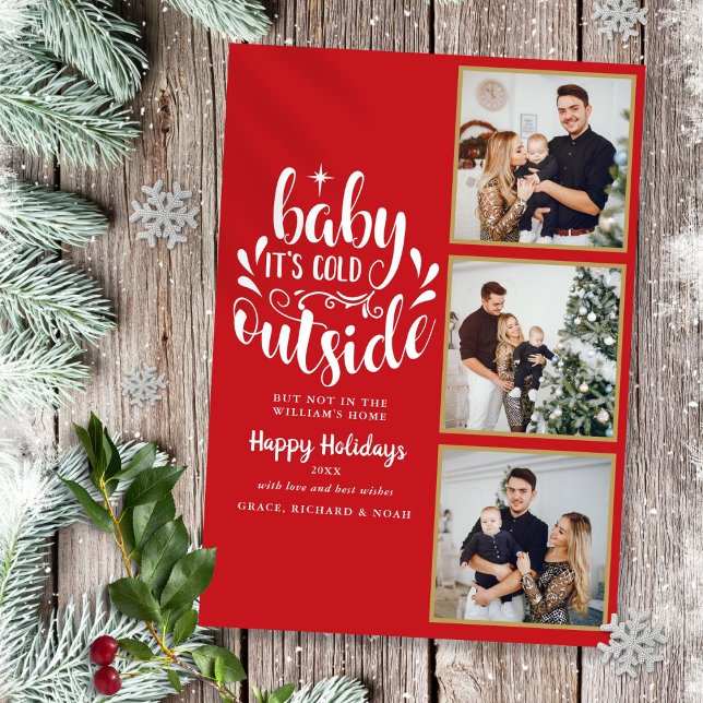 Cartão De Festividades Natal 3 Foto Colagem Bebê Frio Lá Fora (Christmas 3 Photo Collage Baby Its Cold Outside Holiday Card)