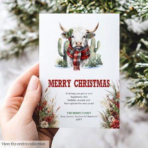 Cartão De Festividades Natal à aguarela ocidental vaca das Terras Altas