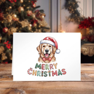 Cartão De Festividades Natal adorável com Golden Retriever em aquarela