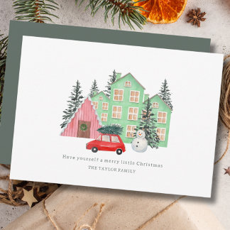 Cartão De Festividades Natal Alegre cottage aquarela fofo de inverno