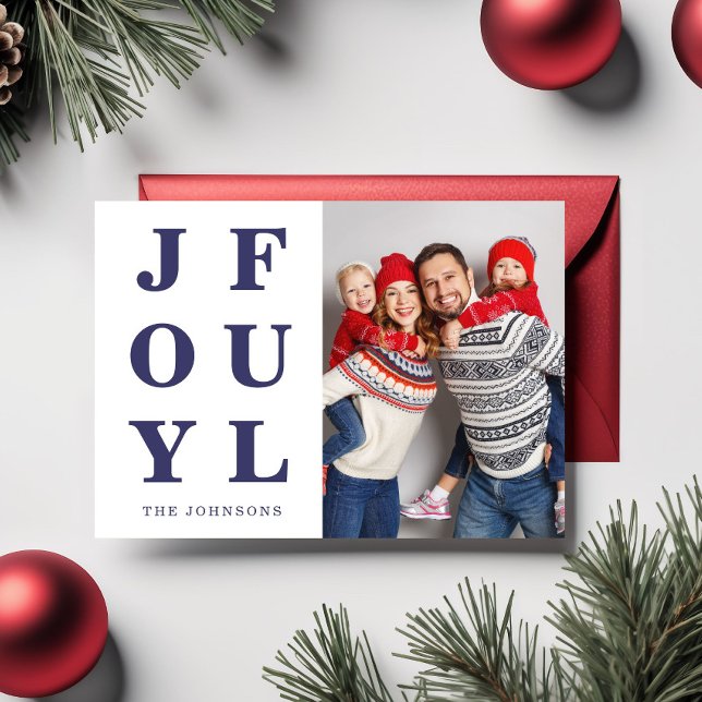 Cartão De Festividades Natal alegre e azul moderno (Modern Blue Joyful Photo Christmas Holiday Card)