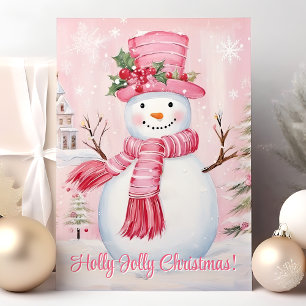 Cartão De Festividades Natal Alegre e Feliz Homem de Neve Rosa Fofo
