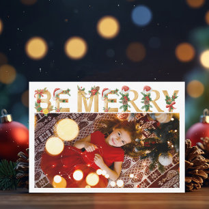 Cartão De Festividades Natal Alegre Letras Douradas Foto da Família