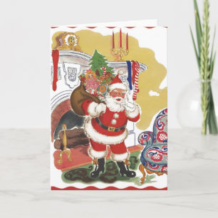 Cartão De Festividades Natal Antigo, Alegre Papai Noel com Presentes