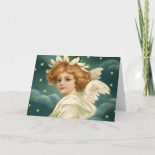 Cartão De Festividades Natal Antigo, Anjo Vitoriano com Estrelas Douradas