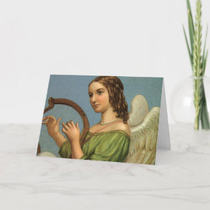 Cartão De Festividades Natal Antigo, Anjo Vitoriano com Harpa Musical