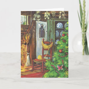 Cartão De Festividades Natal Antigo, Cabana Aconchegante com Lareira