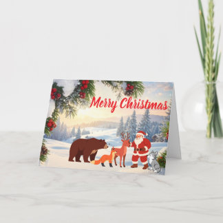 Cartão De Festividades Natal Antigo com Santa Nevado e Animais da Florest