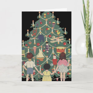 Cartão De Festividades Natal Antigo Crianças em Torno de uma Árvore Decor