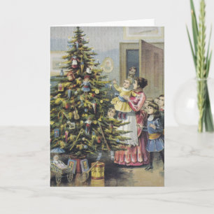 Cartão De Festividades Natal Antigo, Família Vitoriana em Torno da Árvore