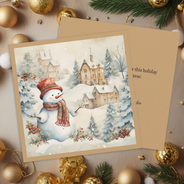 Cartão De Festividades Natal Antigo Homem de Neve Aldeia Natalina Férias  (Vintage snowman square Christmas greeting card)