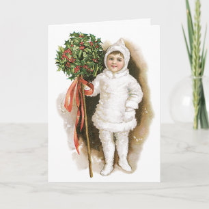 Cartão De Festividades Natal Antigo, Menina Vitoriana com Azevinho
