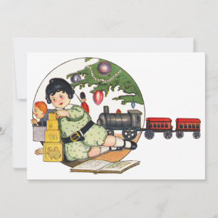 Cartão De Festividades Natal Antigo, Menino Feliz Brincando com Brinquedo