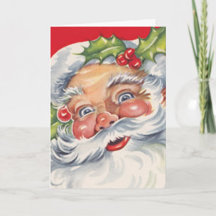 Cartão De Festividades Natal Antigo, Papai Noel Alegre com seu Chapéu