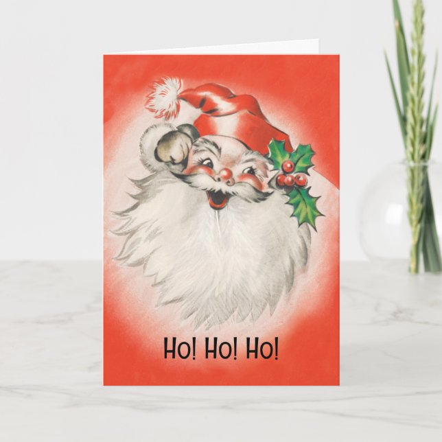 Cartão De Festividades Natal Antigo, Papai Noel Alegre dos Anos 50 (Frente)