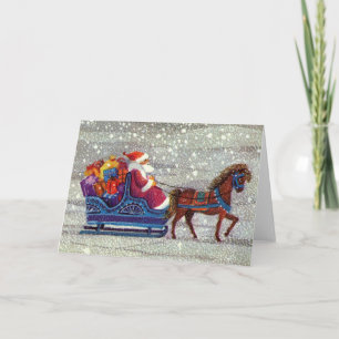 Cartão De Festividades Natal Antigo, Papai Noel Cavalo Trenó Aberto