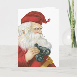 Cartão De Festividades Natal Antigo, Papai Noel com Binóculos