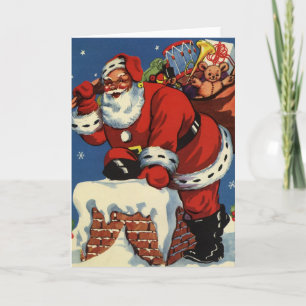 Cartão De Festividades Natal Antigo, Papai Noel Descendo a Chaminé com Br