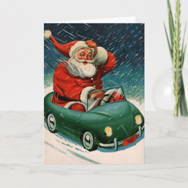 Cartão De Festividades Natal Antigo, Papai Noel em um Carro Fofo (Frente)