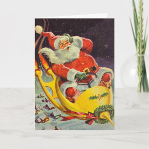 Cartão De Festividades Natal Antigo, Papai Noel em uma Espaçonave