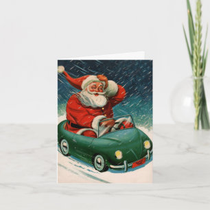 Cartão De Festividades Natal Antigo, Papai Noel num Carro Obrigado