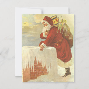 Cartão De Festividades Natal Antigo Vitoriano Papai Noel na Chaminé