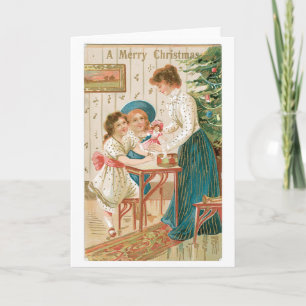 Cartão De Festividades Natal antiquado, Famliy
