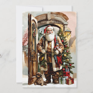 Cartão De Festividades Natal Aquarela Papai Noel com Cachorro
