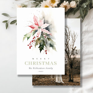 Cartão De Festividades Natal Berry Poinsettia Fauna Watercolor Foto