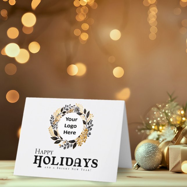 Cartão De Festividades Natal Black Dourado Wreath Corporate Happy (Happy Holidays Modern Black and Gold Corporate Business Christmas Card with Company Logo)