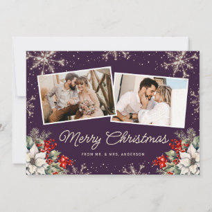 Cartão De Festividades Natal Botânico de Recém-casados Roxo 2 Fotos