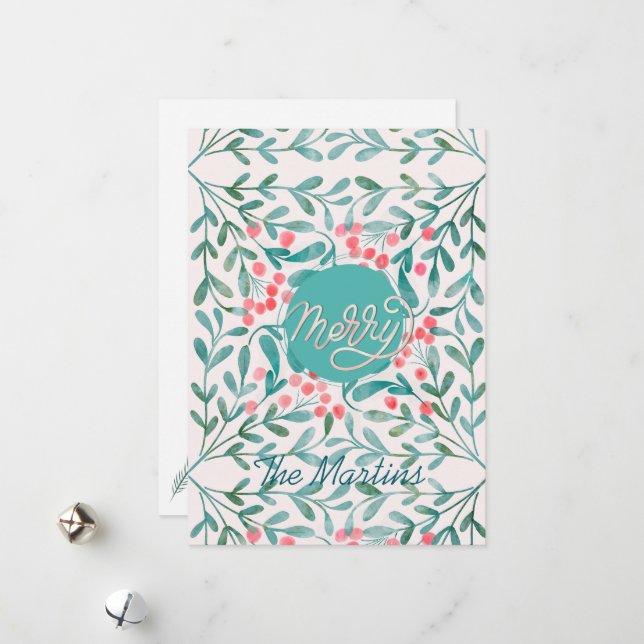 Cartão De Festividades Natal Botânico em Vermelho e Verde com Letra à Mão (Frente/Verso In Situ)