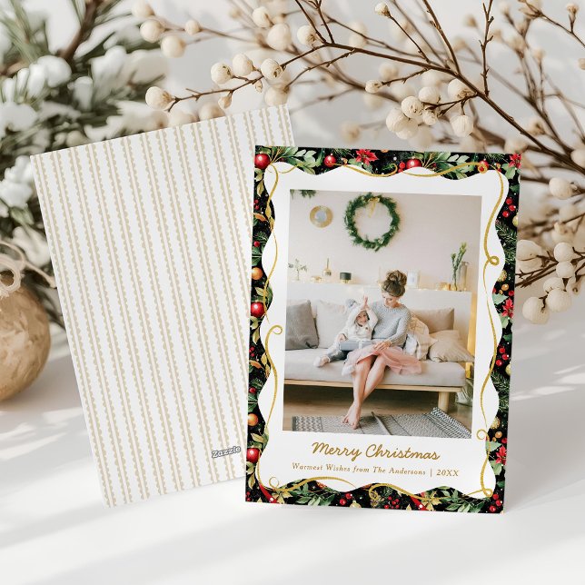 Cartão De Festividades Natal Botânico Moderno Preto e Dourado 1 Foto (Criador carregado)