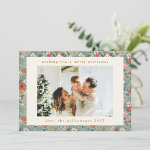 Cartão De Festividades Natal Botânico Personalizado com 2 Fotos em Verde