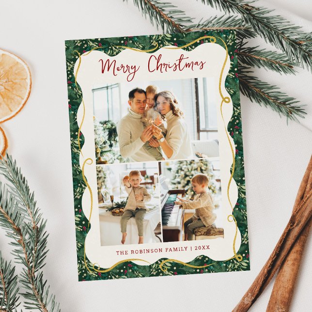 Cartão De Festividades Natal Botânico Verde da Floresta Chic 3 Foto (Criador carregado)