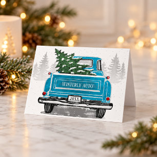 Cartão De Festividades Natal Caminhão Azul Vintage Empresarial Corporativ