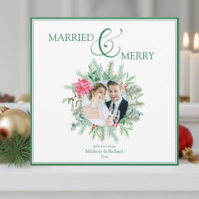 Cartão De Festividades Natal casado e Feliz recém-casado (elegant married and merry our first married christmas card for newlywed couples)