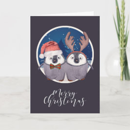 Cartão De Festividades Natal Casal de Pinguim Fofo Papai Noel e Rena