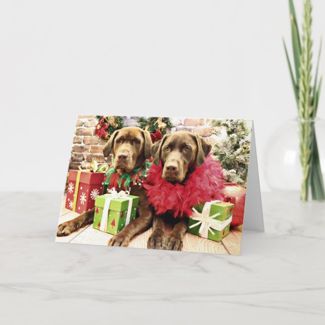 Cartão De Festividades Natal - Chocolate Labrador - Hershey & Zena (Frente)