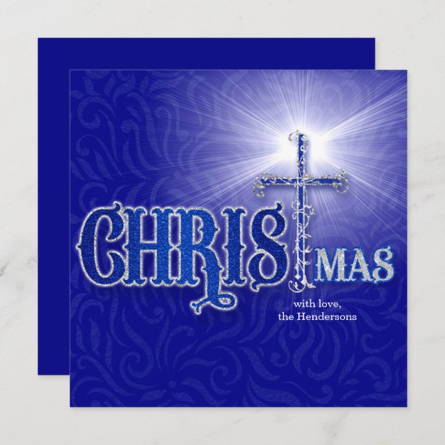 Cartão De Festividades Natal Christian Cross Silver e Blue (Frente/Verso)